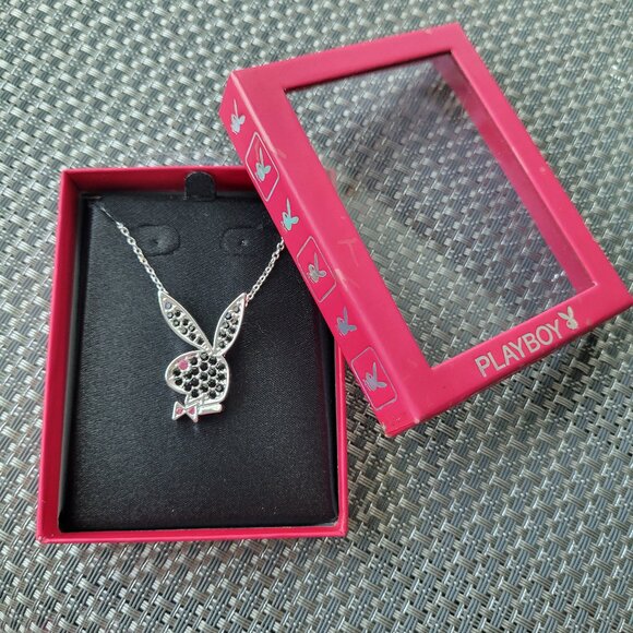 Rare Vintage PLAYBOY BUNNY Necklace ~ Silver with Black & Pink Rhinestones ~ NIB - Picture 1 of 6